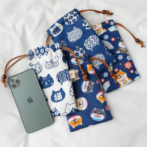 Matcha Chick Japanese Style Blue Cotton Mobile Phone Bag with Floral Pattern Tape Closure for Middle-aged Women