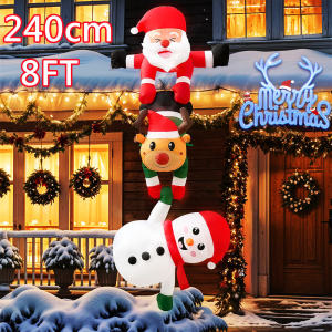 8FT Inflatable Christmas Climbing Santa Claus with Reindeer & Snowman Built-in LED for Outdoor Beam Roof Tree Party Yard Decor