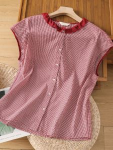 Retro Floral Lace Collar Loose Womens Shirt Summer New Style Sleeveless Plaid Top Apple And Pear Shaped Body Types Suitable