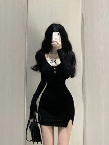 Elegant Black Long Sleeve Wrap Dress Womens High Waist Slimming Short Skirt Korean Style Commute Pure Color Butterfly Knot