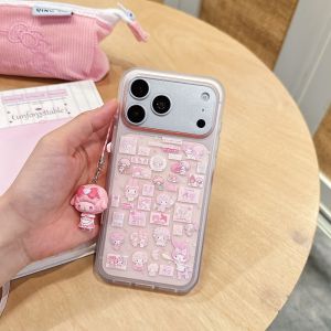 Sanrio | Pink Melody Hello Kitty Sticker Print Phone Case With 3D Pendant Transparent Shockproof Soft Cover For iPhone 15 16 17 Pro Max