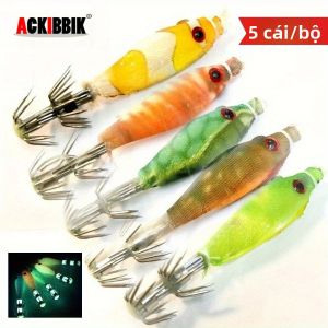 Ackibbik 5 Cái/bộ Bộ Móc Câu Mực Phát Sáng Trong Bóng Tối Với Ống Phát Sáng Mồi Mềm Tôm Gỗ Để Câu Cá Ở Sông Biển Hồ