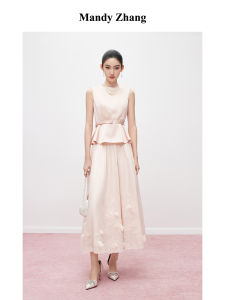 Pink Noble Style Sleeveless Ruffled Waist Cinching Vest Dress Set