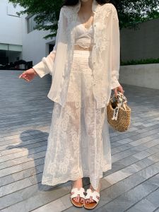 Yexiaoting Heartbeat Signal Lace Patchwork Shirt Strapless Vest Long Dress Elegantly Crafted Three-piece Set for Young Women
