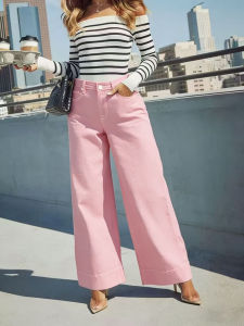 Quần Jean Ống Rộng Cạp Cao Màu Hồng Dành Cho Nữ Chất Liệu Cotton Co Giãn Kiểu Dáng Rộng Rãi Dài Chấm Gót Phong Cách Mỹ Có Túi.