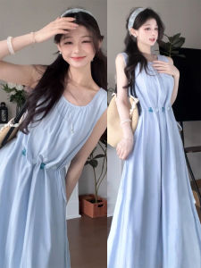 HUAYILING | Váy vest màu xanh biển mùa hè 2025 phong cách mới Pháp độc đáo đẹp thắt eo váy dài nữ kiểu dáng ngọt ngào không tay mùa hè