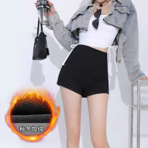 Black Fleece-lined A-line Suit Pants High-waisted Short Shorts Womens Autumn Winter Casual Trousers Commute Style Pocket Detail