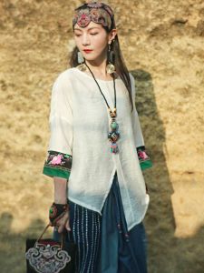 Original Cotton Linen Womens T-shirt Embroidered Asymmetric Hem Casual Loose Fit Mid-Length Summer New Style 6251