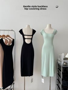 ผู้หญิง ฤดูร้อน สไตล์สาวหวาน แขนสั้น เดรสรัดรูป ยาว เดรส น้ําแข็ง สีครีม Melon Milkshake เปลือย เดรส โพลีเอสเตอร์ วัสดุ