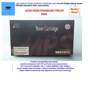 For HP CF226A (26A) & Canon CRG‑052 (Standard Yield mono-black) STAR INK COMPATIBLE TONER