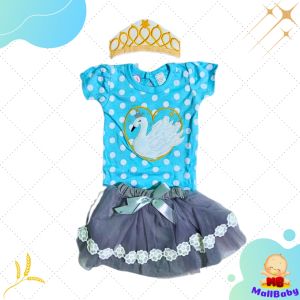 Set Baju Bayi Perempuan Jumper Rok Bandana Mahkota Cantik Swan Angsa Pink Tutu