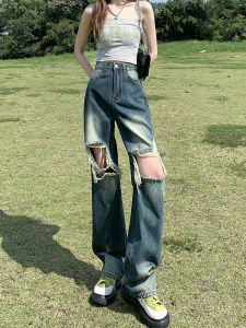 กางเกงยีนส์ทรงหลวมเอวสูงสไตล์ย้อนยุคสำหรับผู้หญิง กางเกงขายาวทรงตรงบางๆ สำหรับใส่ไปเที่ยวในเมือง สไตล์สตรีท