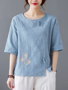 High-End Linen Womens T-shirt Cotton Silk Loose Fit round Neck Short Sleeve Mom Summer Fashion Casual Comfortable Top
