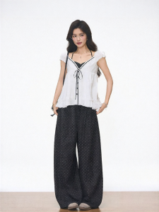 WESTAYONE | Puff Sleeve Lace Blouse + Camisole + Denim Look Polka Dot Wide Leg Pants