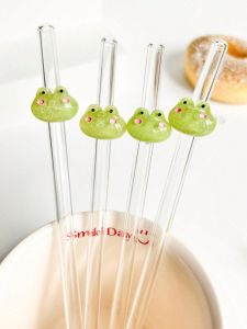 3/5PCS Cute Reusable Glass Straw with Frogs Charms Clear Bend Drinking Straw for Cold Drinks Tea Coffee  Smoothies Kitchens
