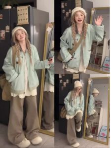 แจ็คเก็ตเบสบอลสไตล์ฮาราจูกุสีมิ้นต์สำหรับผู้หญิง แจ็คเก็ตแบบทำงานลำลองฤดูใบไม้ร่วง/ฤดูหนาว เสื้อคลุมกันหนาวแบบสวมหัว ปกโปโล คอตั้ง