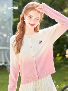HEYINI | Áo Cardigan Len Dệt French Style Màu Hồng Chuyển Màu Lazy Feel