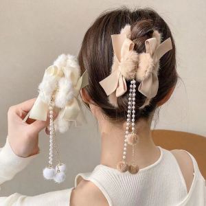 Korean Fashion Tassel Pearl Pendant Plush Bow Hair Clip Shark Clip Headdress Hairpin Barrette Hair Accessories For Women