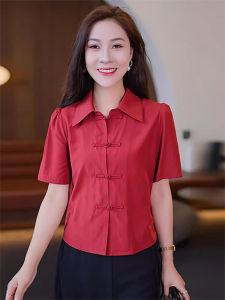 Loose Short Sleeve Womens Shirt Vintage Button up Fashionable Korean Style Polyester Fiber Regular Sleeve Polo Collar