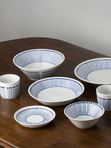 Mino Yaki | Japanese Underglaze Ceramic Bowl Set with Salad Bowl Steak Plate and Dessert Plate