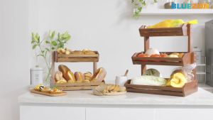 Kệ gỗ trái cây gia vị BLUEZON 2 tầng trang trí trưng bày cửa hàng nhà bếp