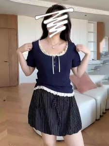 Áo Thun Nữ Dáng Rộng Mùa Hè Pure Desire Shoulder Fit Short Sleeve Print Layering Effect Tummy Control Slimming Top