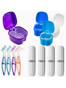 3pcs Denture Care Kit – Storage Box + Dual-Head Cleaning Brush + Portable Travel Case 360° Deep Clean for Full/Partial Dentures