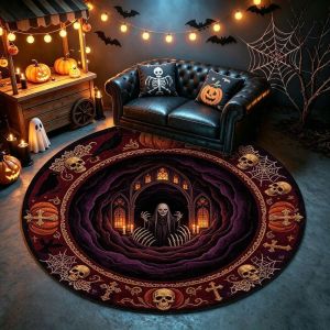 VIKAMA Halloween 3D Thảm Tròn Gothic Thiết Kế Lâu Đài Xương Khung Chống Trơn Trượt Thảm Phòng Khách Ma Quái Thanh Lịch Có Thể Giặt Được Polyester
