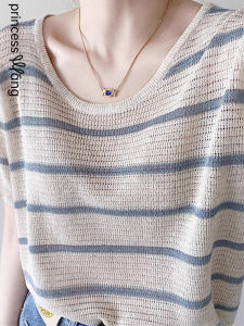 WANGGONGZHU | Summer Thin Ice Silk Knitted Top Womens Casual Loose Short Sleeve Round Neck Stripe Pattern Breathable Comfortable Fashionable