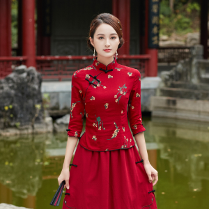 Elegant Handcrafted Button up Womens Cheongsam Top Floral Pattern Cotton Linen Style Tang Suit Spring Autumn New Arrival