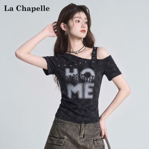 La Chapelle | Letter Print Off-Shoulder Slim Fit Short Tee