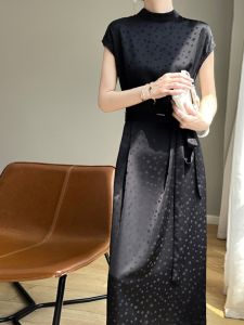 Elegant French Style Silk Satin Long Dress Womens Summer Fashion Shoulder Drop Waist Cinched Black Dress High Quality