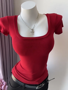Elegant Red Square Neck Short Sleeve T-Shirt for Women