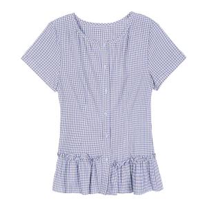 Áo Sơ Mi Nữ Form Rộng Ôm Cổ Tròn Dây Nơ Tay Ngắn Họa Tiết Carô Xanh