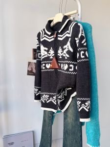 QINGNAER | 2025 Autumn/Winter New Retro Fair Isle Pattern Languid Zipper Knitted Cardigan