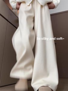 High Waist Wide Leg Pants Womens Fleece Lined Straight Cut Cuff Cashmere Trousers Spring Autumn Winter Short Stature 145