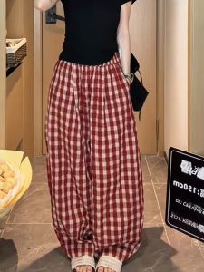 MANMI | Quần Dài Quần Ống Rộng Họa Tiết Caro Đỏ Retro