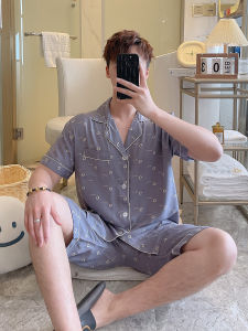 Mens Summer Sleepwear Thin Cotton Silk Short Sleeve Shirt And Shorts Home Clothes Set Youth Cartoon Print Comfortable Pajamas