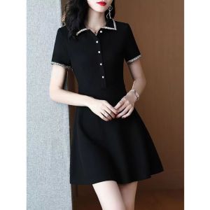 Hepburn Style Dress Womens Summer New Arrival Accessible Luxury Classic Style Waist-Controlled Slim Fit Slimming Polo Collar Short Sleeve Black Dress