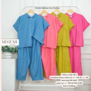 Top Blouse Setelan Midi Pants High Waist Tesla One Set Bahan Linen Rami Premium Fashion Wanita