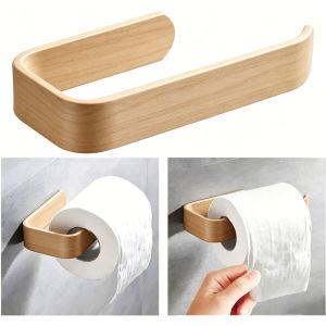 Self-Adhesive U-Shaped Toilet Paper Holder No Drill Wood Grain Wall Mount for Bathroom Kitchen Paper Towels Renters Friendly