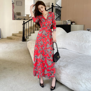 Vacation Style Navy Blue Look Fairer Slimming Floral Dress V-neck One-Piece Slim-Fit Wrap High Waist Ultra Long Long Dress