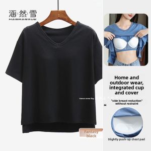 HANRANXUE | Cotton T-Shirt with Built-in Cups for Women