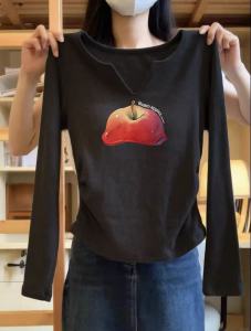 Slim Fit Long Sleeve V-Neck T-Shirt Womens Apple Print Belted Waist Flattering Base Layer Shirt Commute Style Cotton Blend