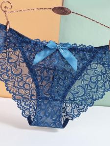 กางเกงชั้นในลูกไม้เซ็กซี่เอวต่ำ กางเกงชั้นในผ้าตาข่ายโปร่งใสไร้ตะเข็บ กางเกงชั้นในผู้หญิงบางเฉียบระบายอากาศได้ดี สีฟ้า โบว์ผีเสื้อ