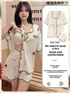 Womens Summer Sleepwear Set Pure Cotton Short Sleeve with Chest Pad Thin Short Pants Cardigan Home Clothes Sweet Style