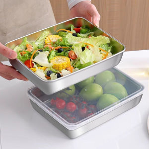 YESPERY 2000ml Stainless Steel Rectangle Tray Large Capacity Food Serving Plate Noodle Pan Thickened Lunch Box Picnic Food Storage Container