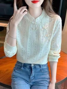 Slim Fit Hollow out Long Sleeve Stand Collar Womens Shirt Fashionable Embroidered Button Vintage Style Commute Polyester Fiber