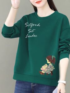 เสื้อฮู้ดคอกลมแขนยาวผ้าฝ้ายแท้สำหรับผู้หญิง ทรงหลวม สไตล์เกาหลี ลดอายุ แฟชั่นฤดูใบไม้ร่วง พิมพ์ลาย เสื้อผ้าทำงาน ไซส์ใหญ่