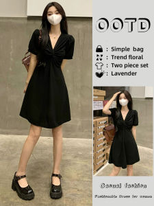 Black A-Line Dress for Women Elegant Summer Style 2024 New Arrival V-Neck French Chic Waist-Tightening Short Sleeves